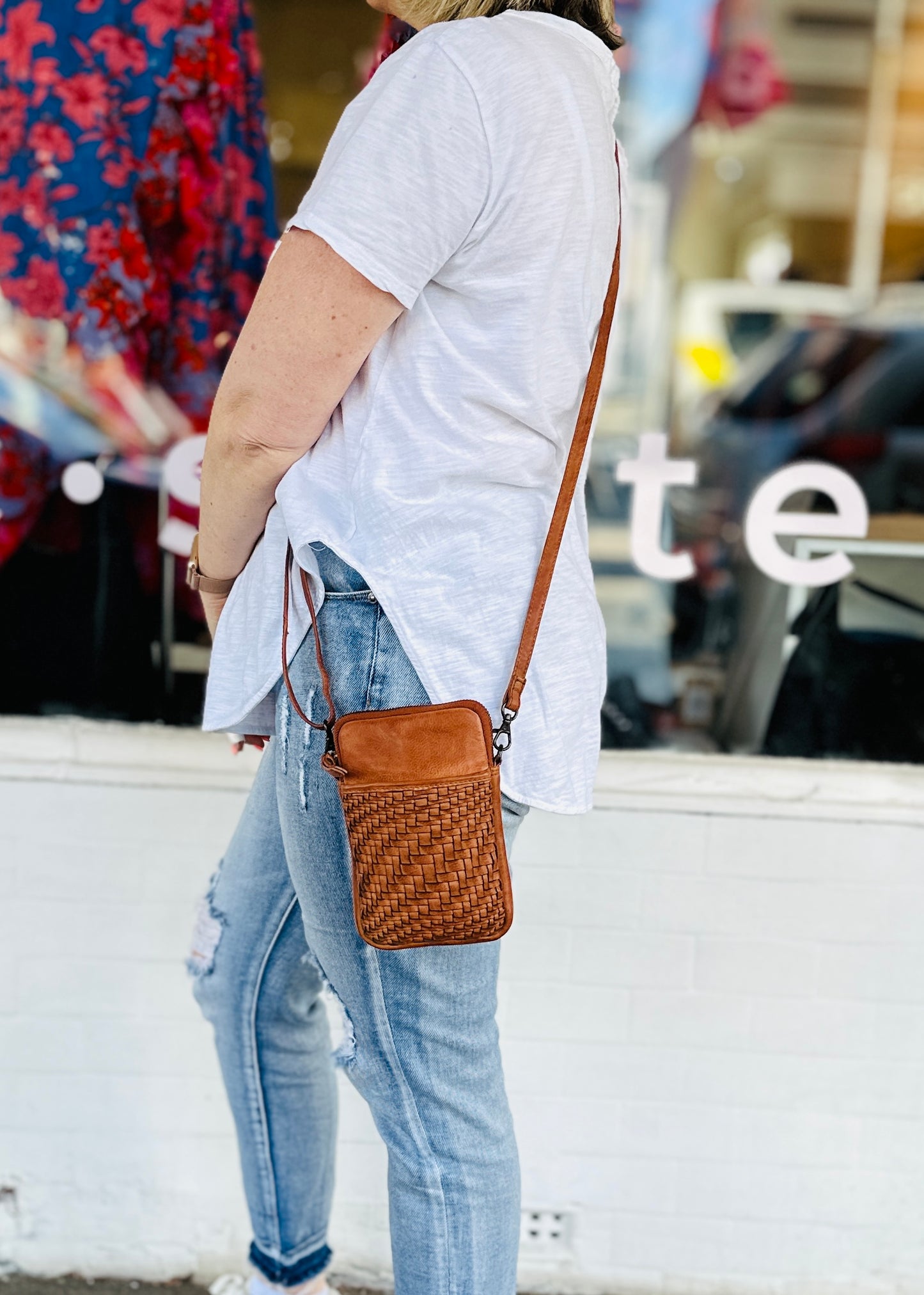Roseberry Woven Leather Crossbody Phone Bag