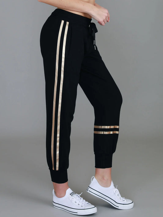 Charlise Gold Stripe Winter Weight Track Pants -  Black (Plus Size)