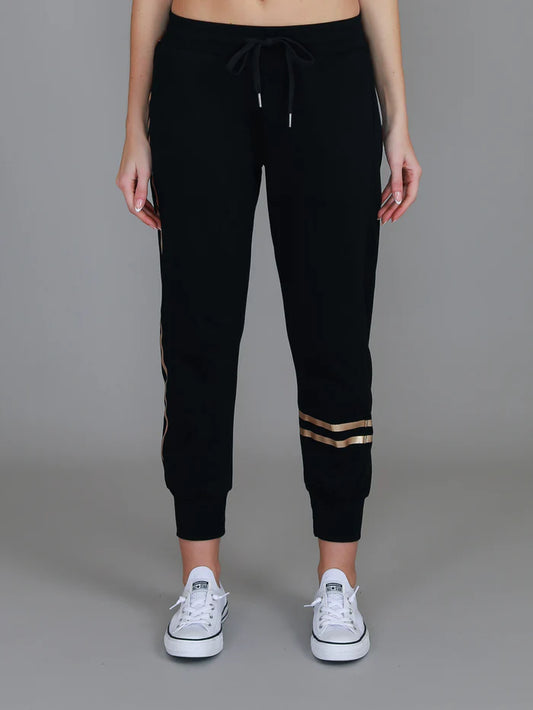 Charlise Gold Stripe Winter Weight Track Pants -  Black (Plus Size)