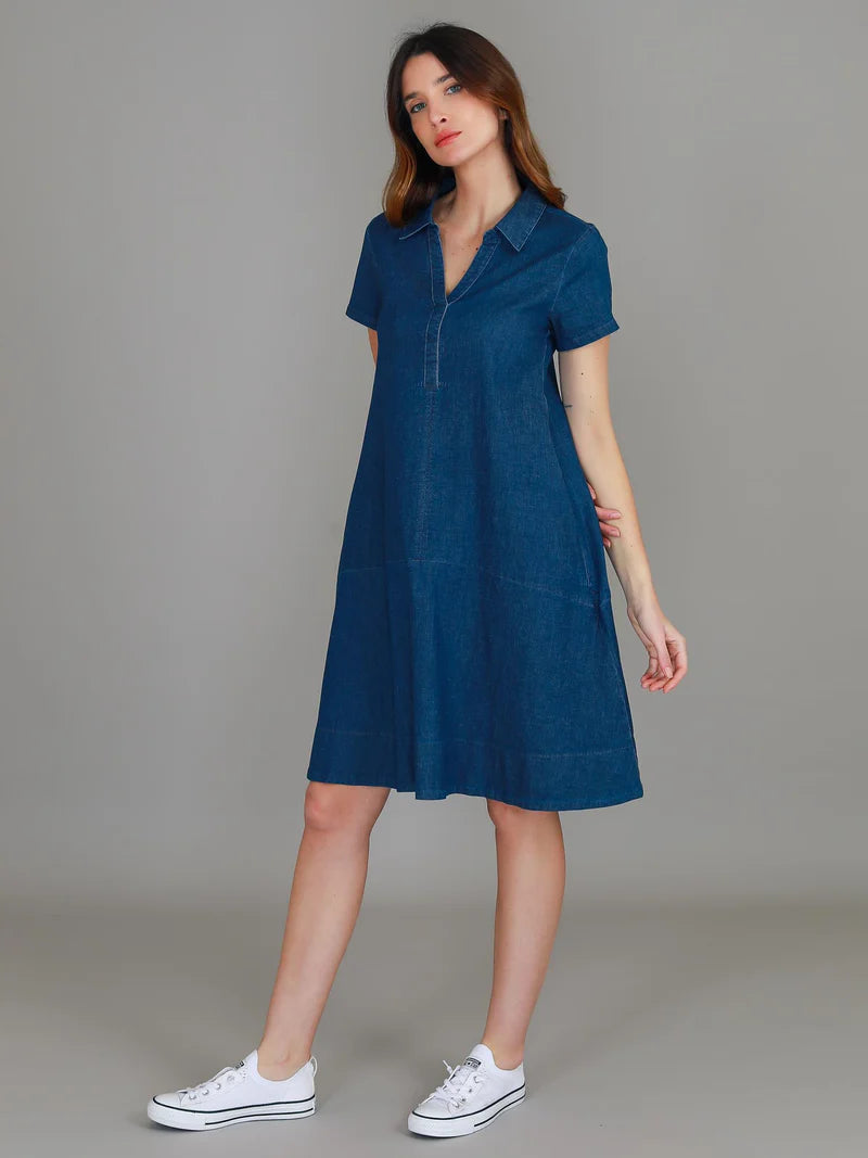Tibby A-Line Polo Shirt Dress - Denim