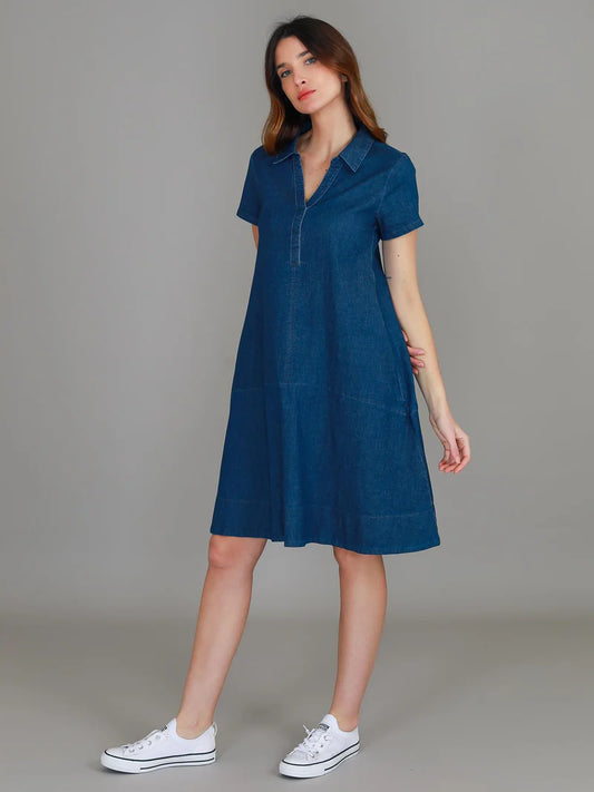 Tibby A-Line Polo Shirt Dress - Denim (Plus Size)