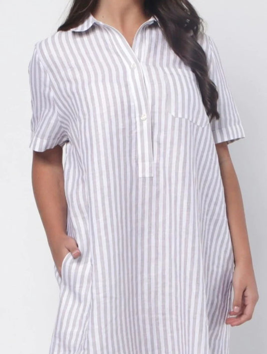 Ava Shirt Dress, Ladies oversized Shirt, Ladies Pinstripe Shirt Dress, Linen Shirt Dress, g7 linen shirt Dress silver stripe, Grey Stripe Ava Shirt Dress, Organic Clothing, Sustainable Fashion, Ethically made clothing, g7 linen Stockists, G7 Stockists Australia