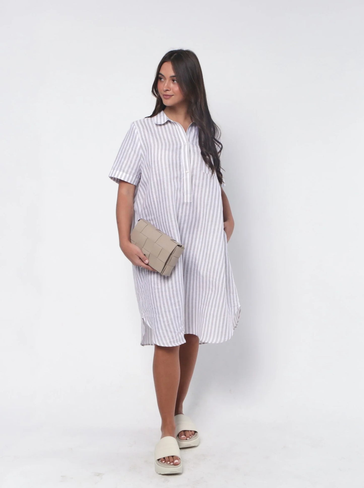 Ava Shirt Dress, Ladies oversized Shirt, Ladies Pinstripe Shirt Dress, Linen Shirt Dress, g7 linen shirt Dress silver stripe, Grey Stripe Ava Shirt Dress, Organic Clothing, Sustainable Fashion, Ethically made clothing, g7 linen Stockists, G7 Stockists Australia