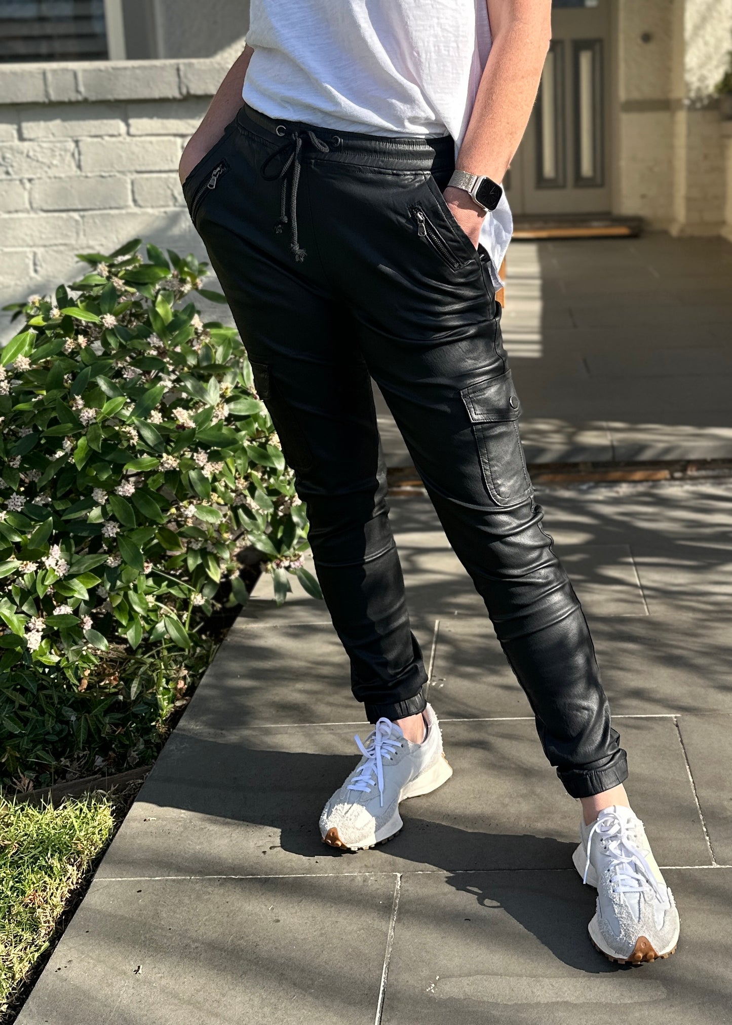 Shop Plus Size, Jenni Joggers Coated Black, Buy Joey Joggers Faux Leather Pants, womens Leather Look Pants Plus Size Leather Look Pants online, Shop Joey Jogger Faux Leather Pants, Shop Ladies Plus Size Leather Look Pants