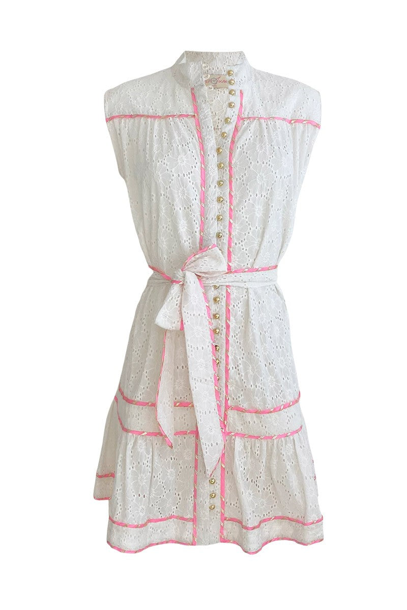 Miss June Paris Broderie Anglais Dress, Miss June paris Kai White Dress with Pink detail, Miss June paris white lace dress, Miss June paris Australian Stockists Kai Mini Dress