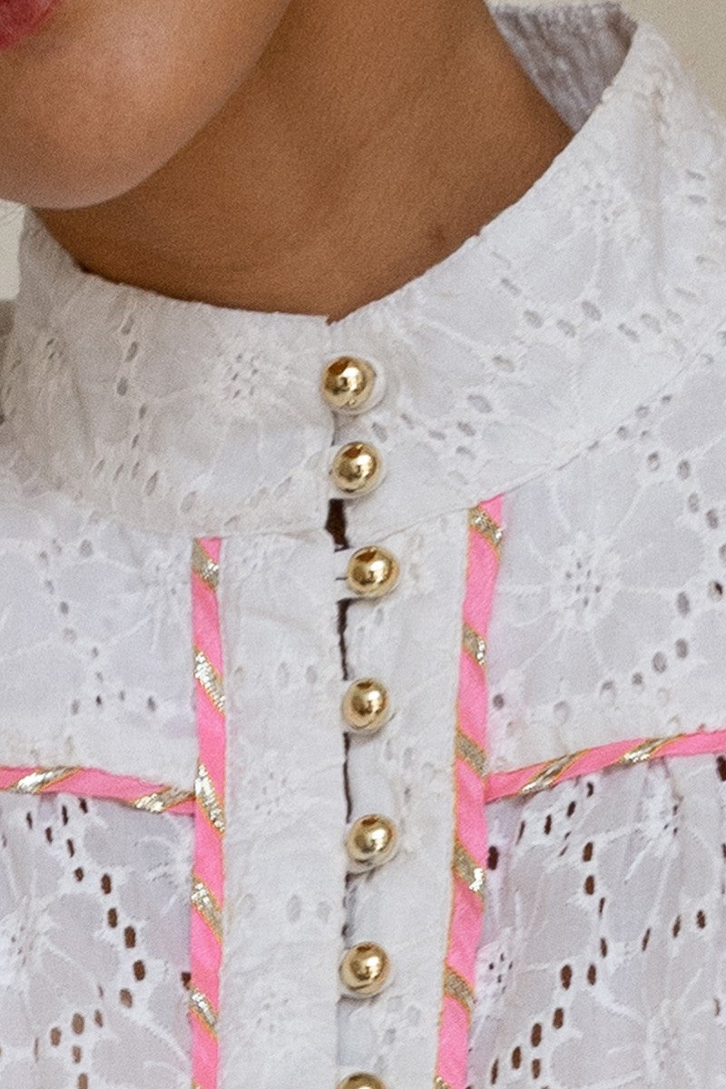 Miss June Paris Broderie Anglais Dress, Miss June paris Kai White Dress with Pink detail, Miss June paris white lace dress, Miss June paris Australian Stockists Kai Mini Dress