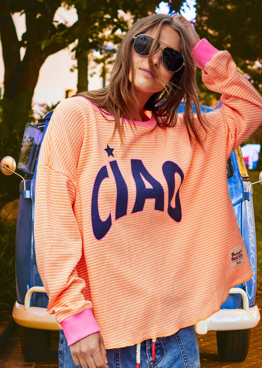 Ciao Orange Stripe Waffle Long Sleeve Top