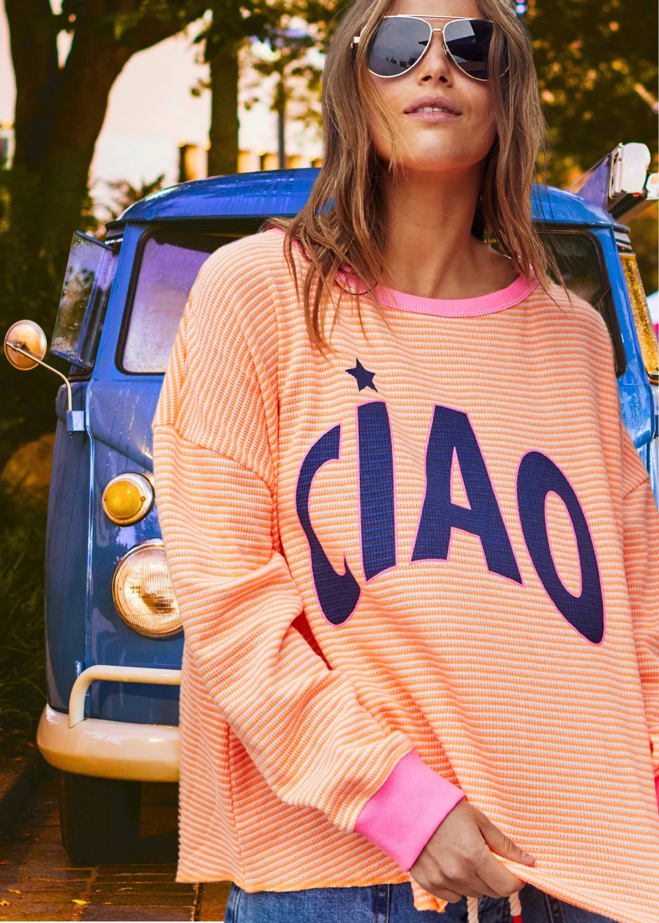 Ciao Orange Stripe Waffle Long Sleeve Top
