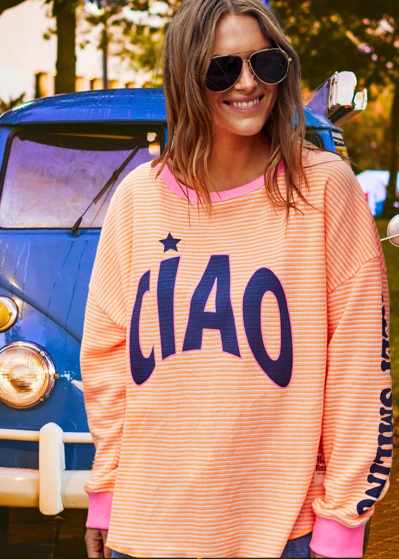 Ciao Orange Stripe Waffle Long Sleeve Top