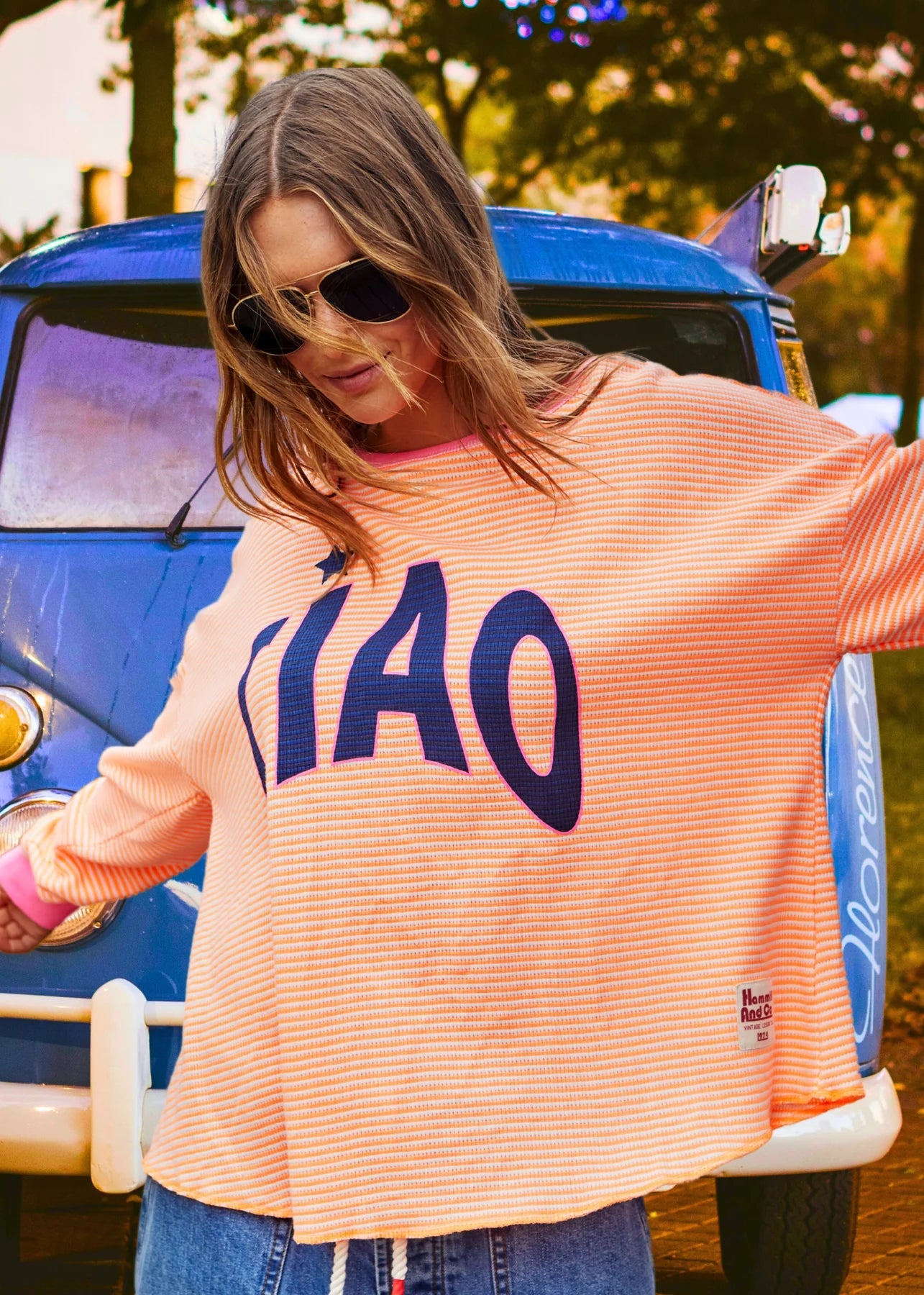 Ciao Orange Stripe Waffle Long Sleeve Top