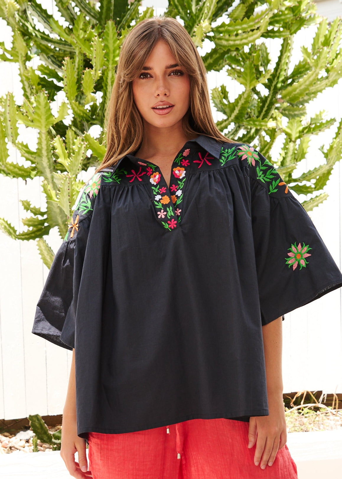 womens collared Black Embroidered boho shirt with Collar