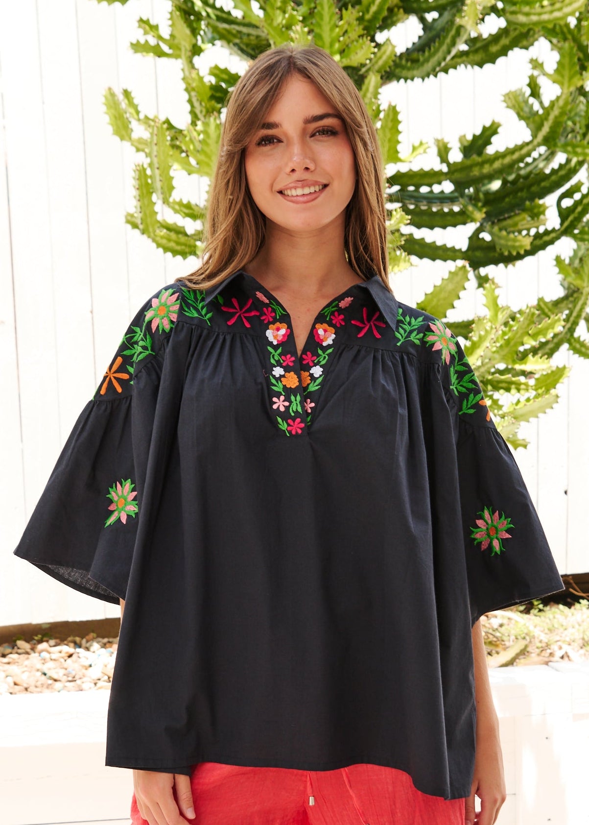 womens collared Black Embroidered boho shirt with Collar