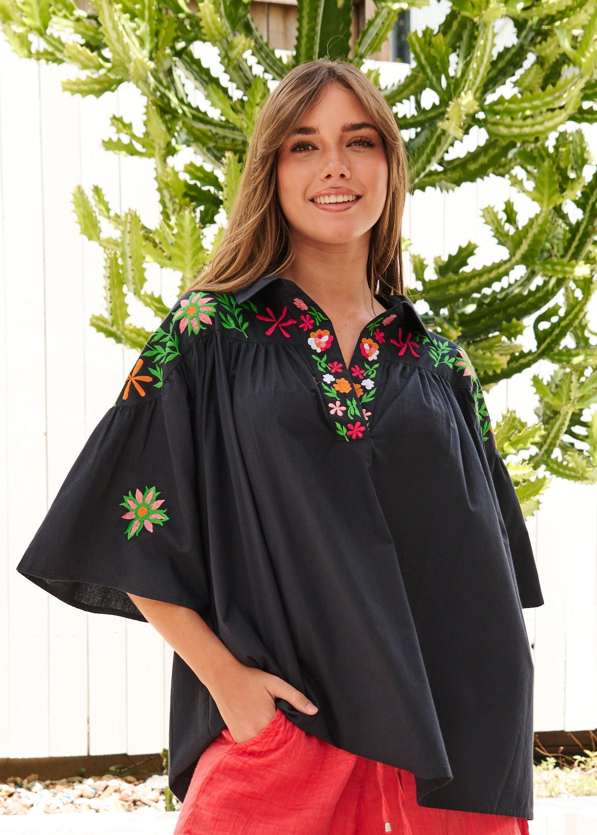 womens collared Black Embroidered boho shirt with Collar