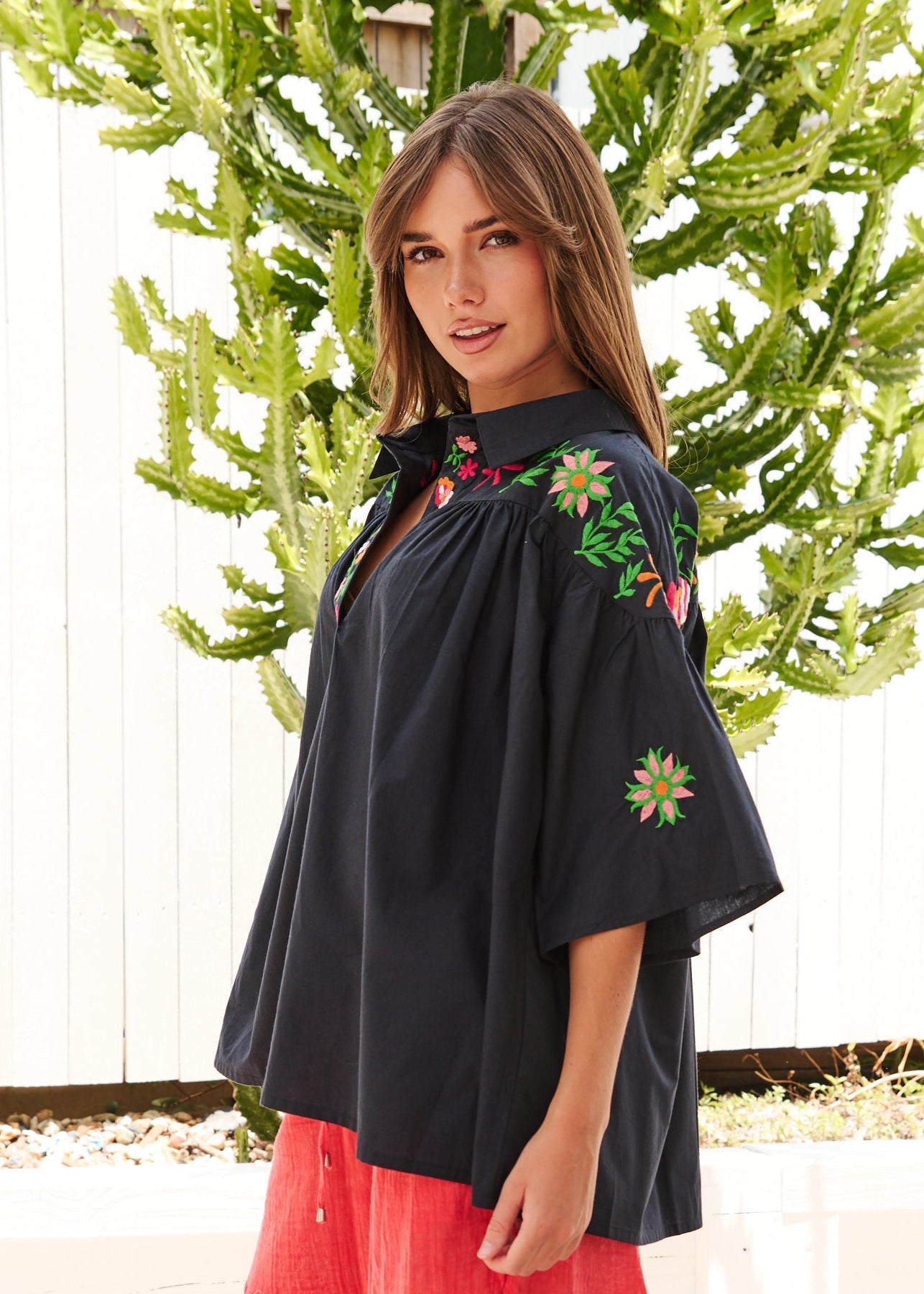 womens collared Black Embroidered boho shirt with Collar