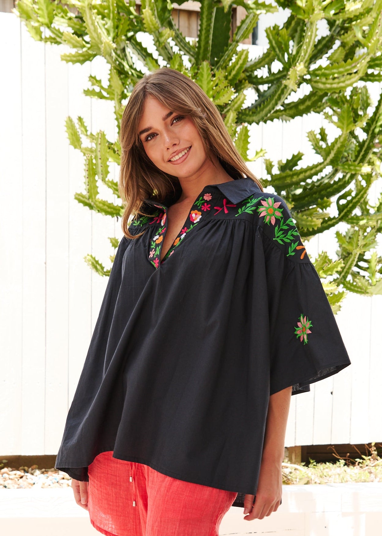 womens collared Black Embroidered boho shirt with Collar