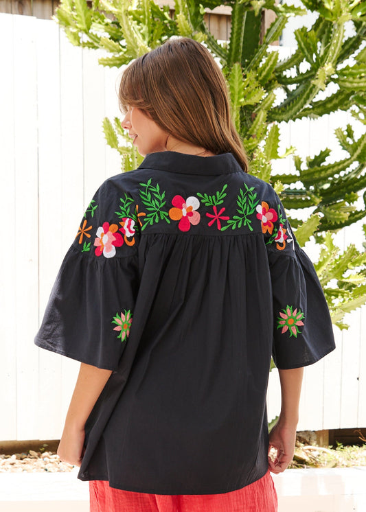 womens collared Black Embroidered boho shirt with Collar