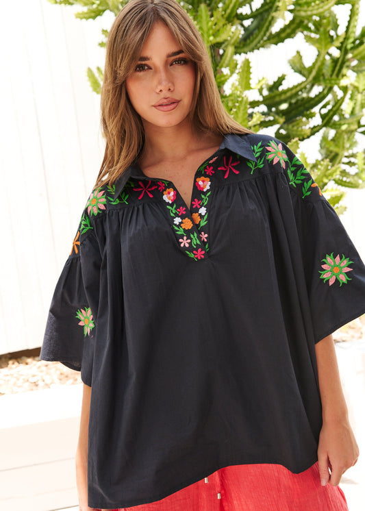 womens collared Black Embroidered boho shirt with Collar
