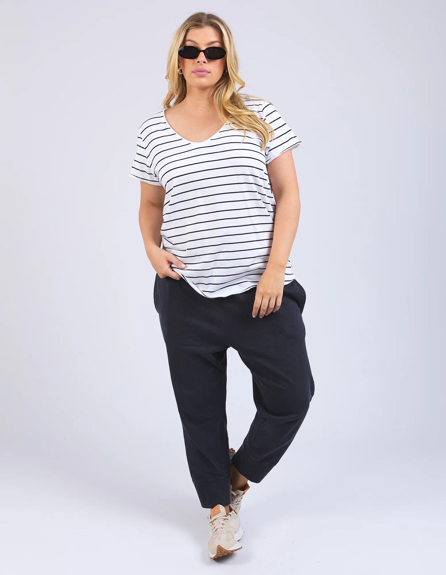 Pima V Tee - Stripe White/Navy (Plus Size)