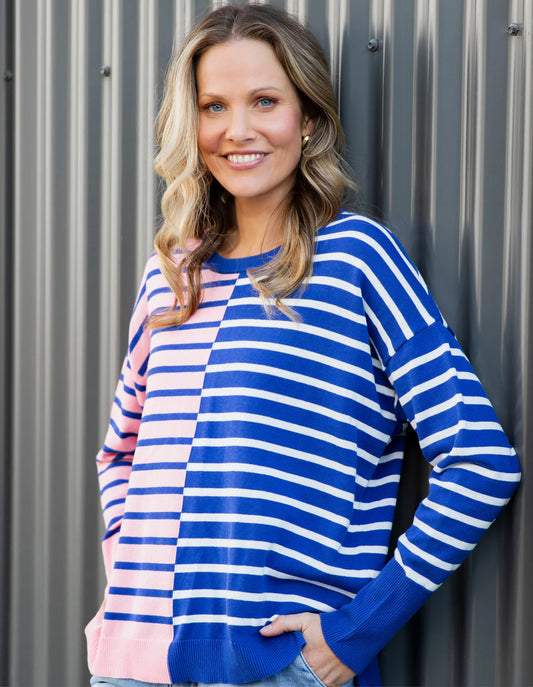 Louise Spliced Knit Jumper - Deep Blue/Pink Blush