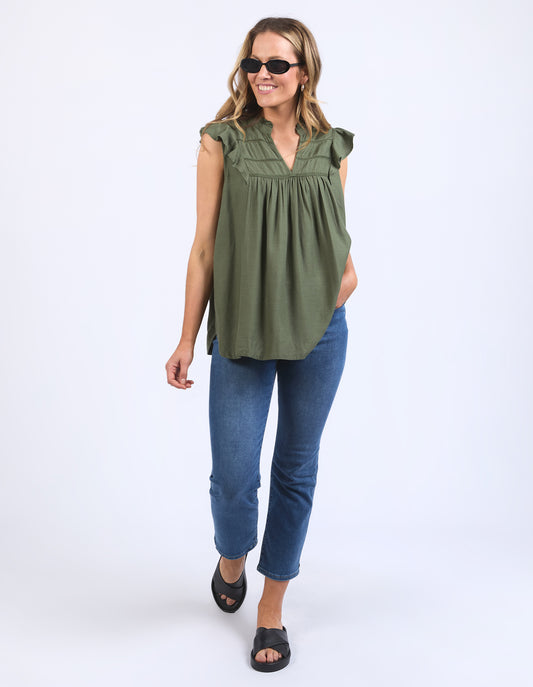 elm Lifestyle Market Lace Trim Blouse Clover Khaki