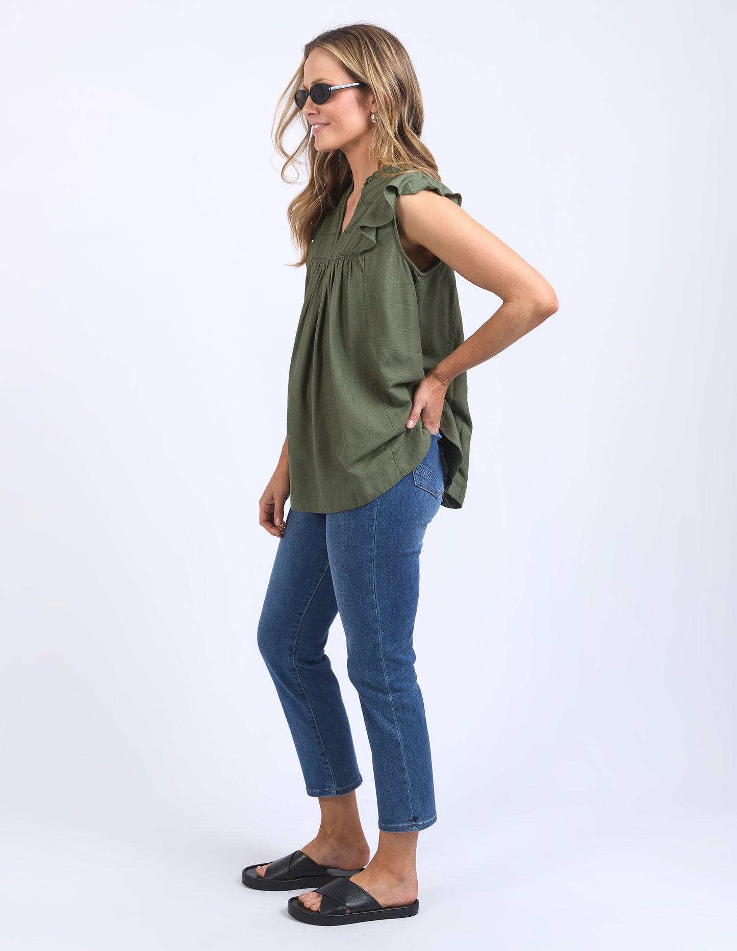 elm Lifestyle Market Lace Trim Blouse Clover Khaki