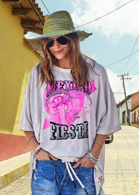 Mexican Fiesta Oversized Tee - Natural Marle