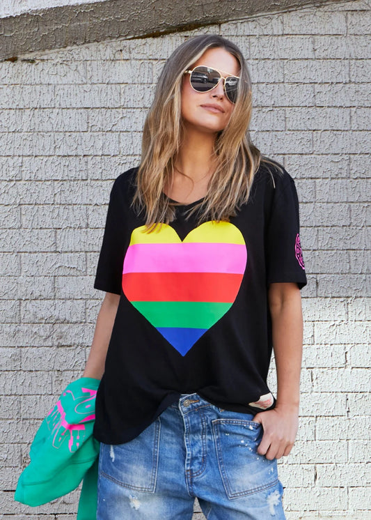 Rainbow Heart V Neck Tee - Black