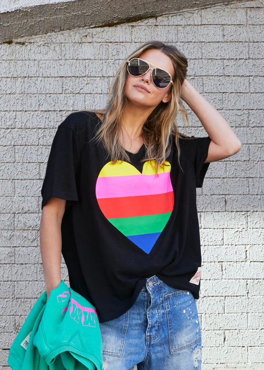 Rainbow Heart V Neck Tee - Black