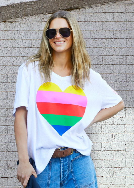 Rainbow Heart V Neck Tee - White
