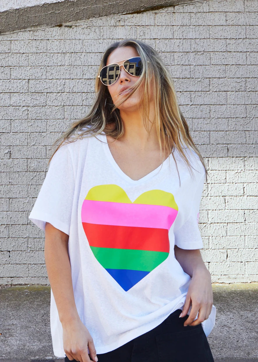 Rainbow Heart V Neck Tee - White