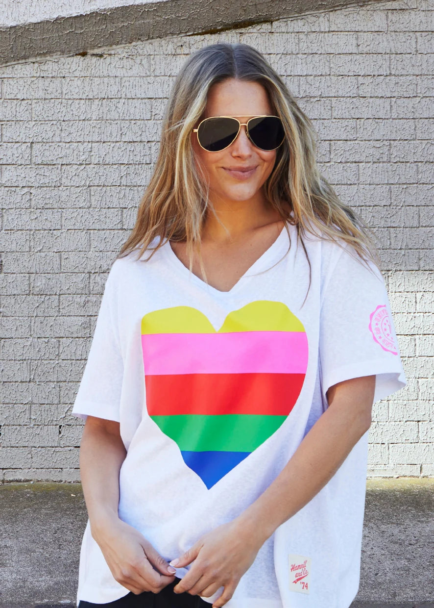 Rainbow Heart V Neck Tee - White
