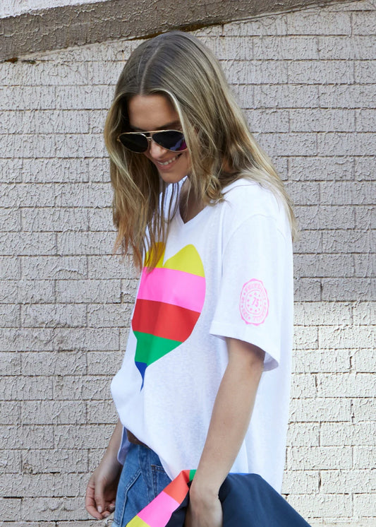 Rainbow Heart V Neck Tee - White