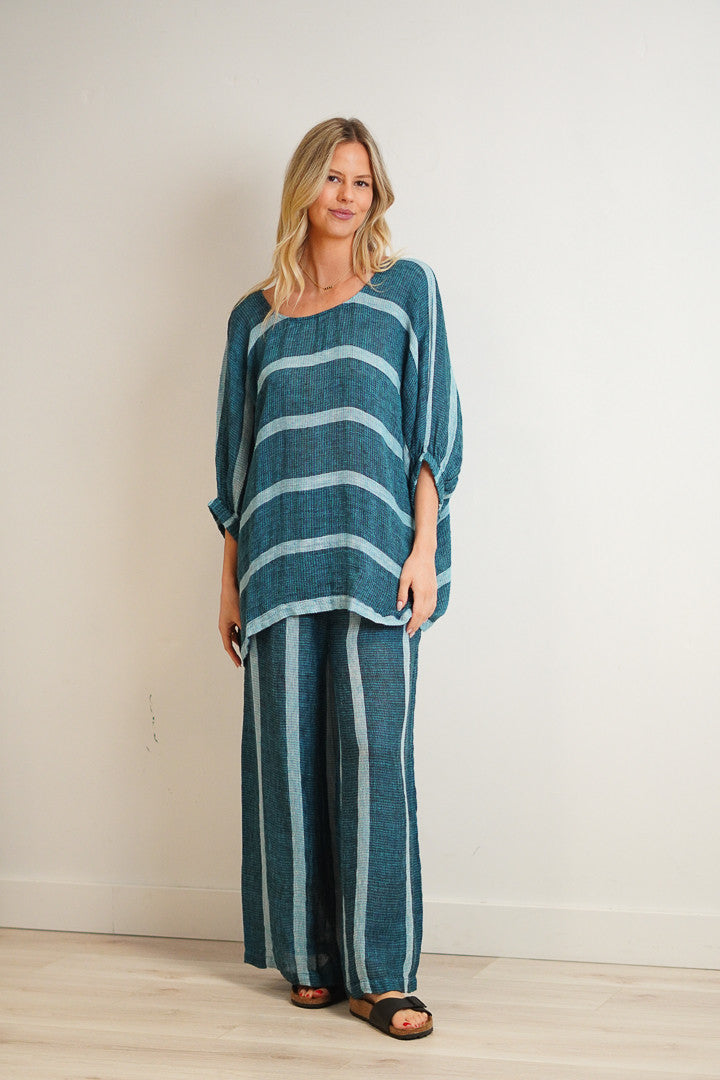 Rosetta woven linen top gemstone blue stripe relaxed fit