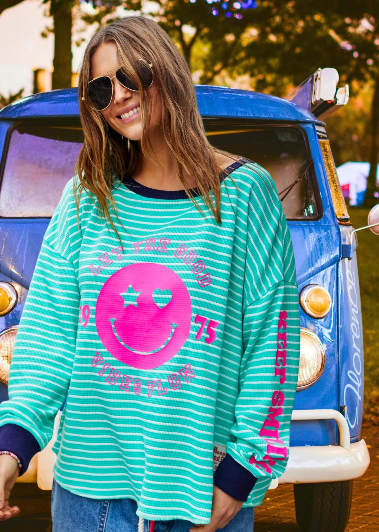 Smiley Green Stripe Waffle Long Sleeve Top