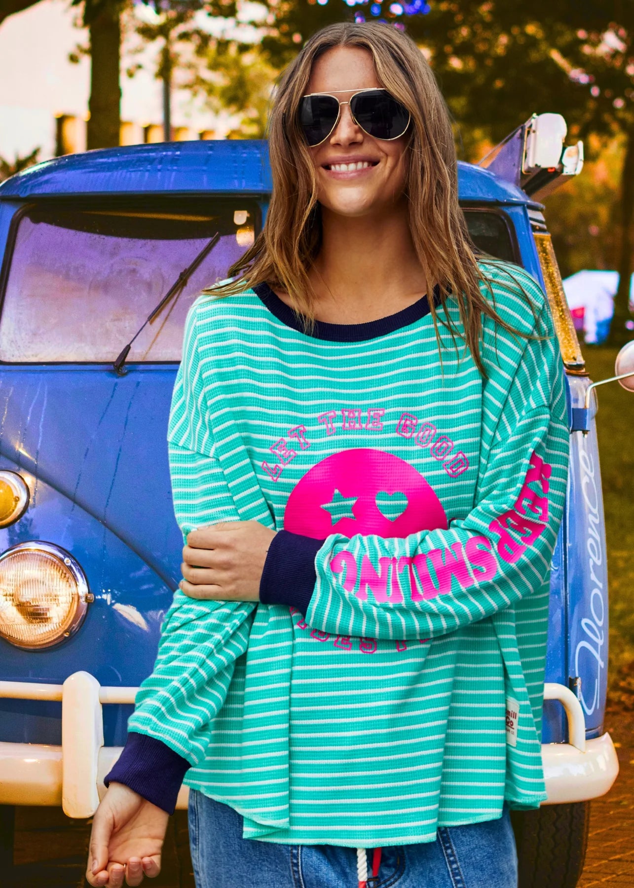 Smiley Green Stripe Waffle Long Sleeve Top