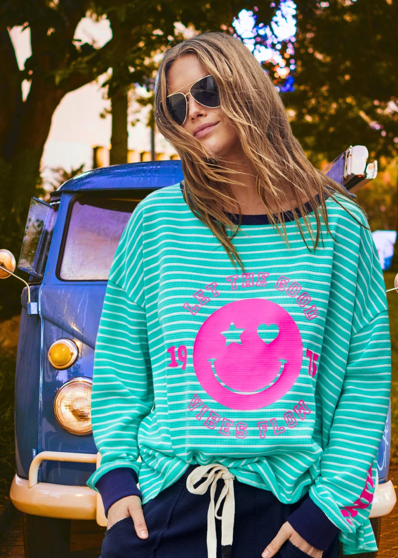 Smiley Green Stripe Waffle Long Sleeve Top