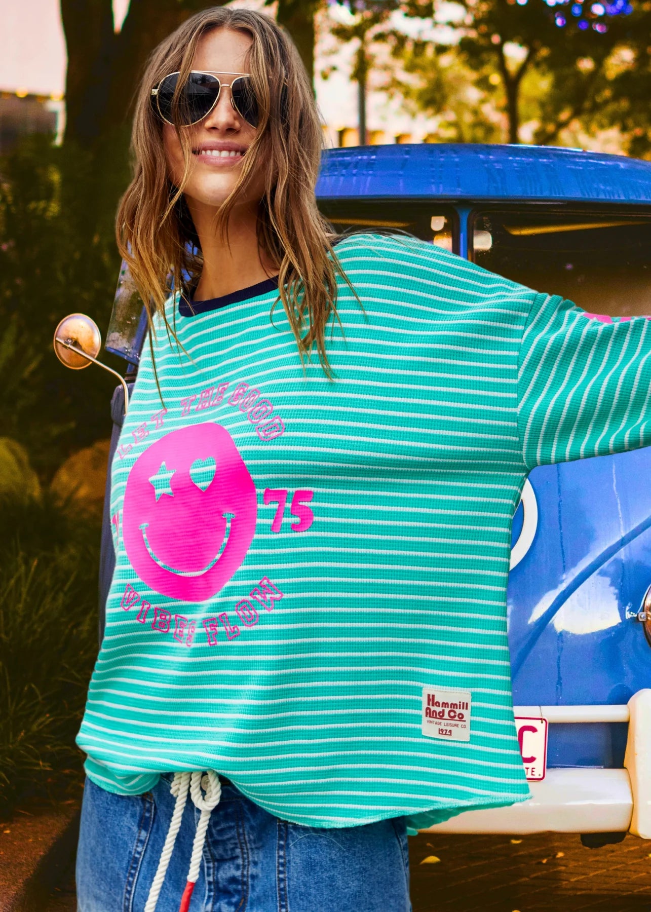 Smiley Green Stripe Waffle Long Sleeve Top