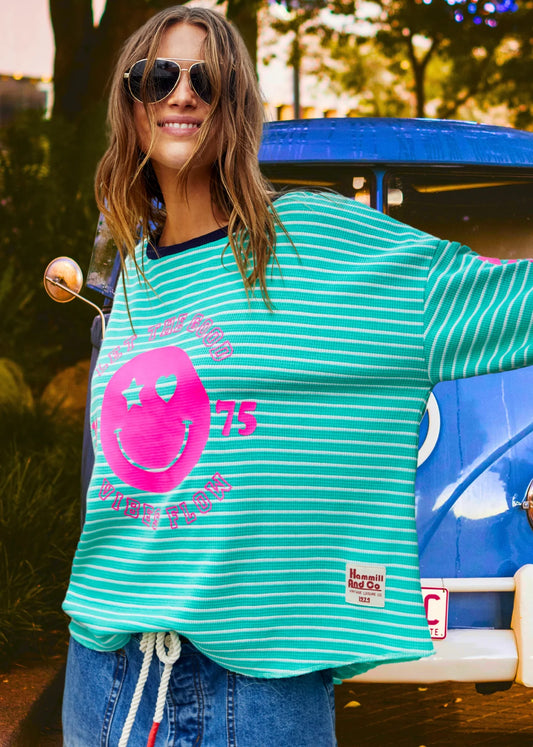 Smiley Green Stripe Waffle Long Sleeve Top