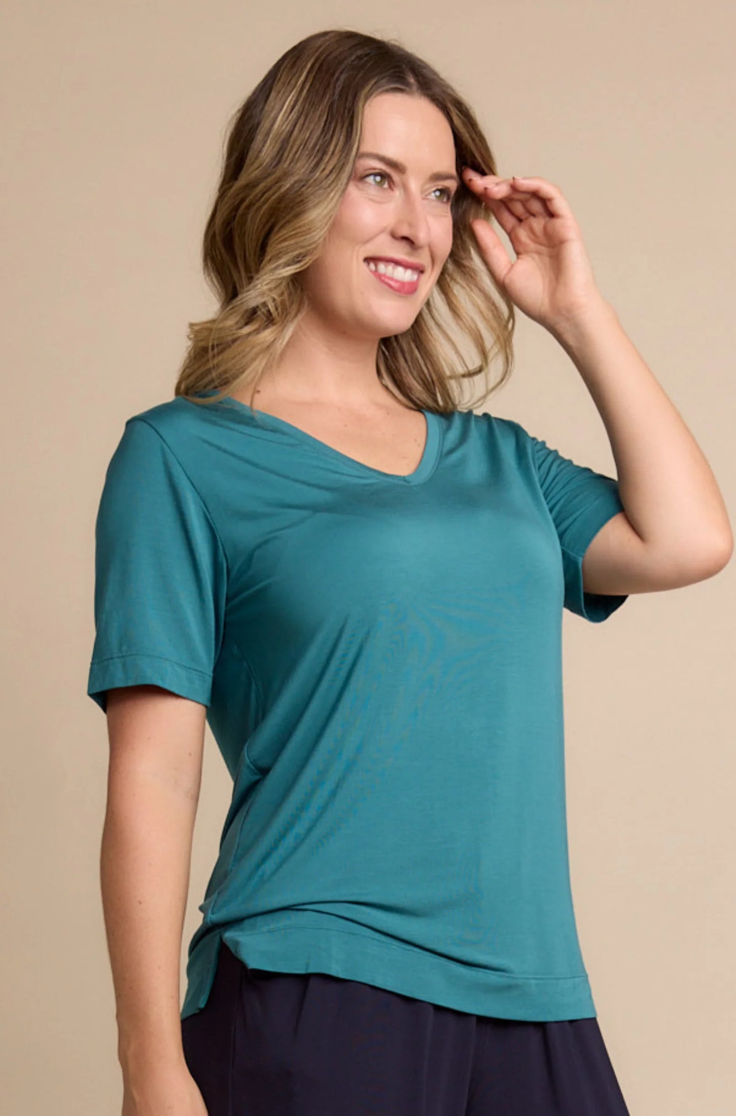Ella V Neck Tshirt - Peacock