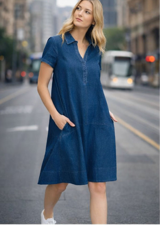 Tibby A-Line Polo Shirt Dress - Denim