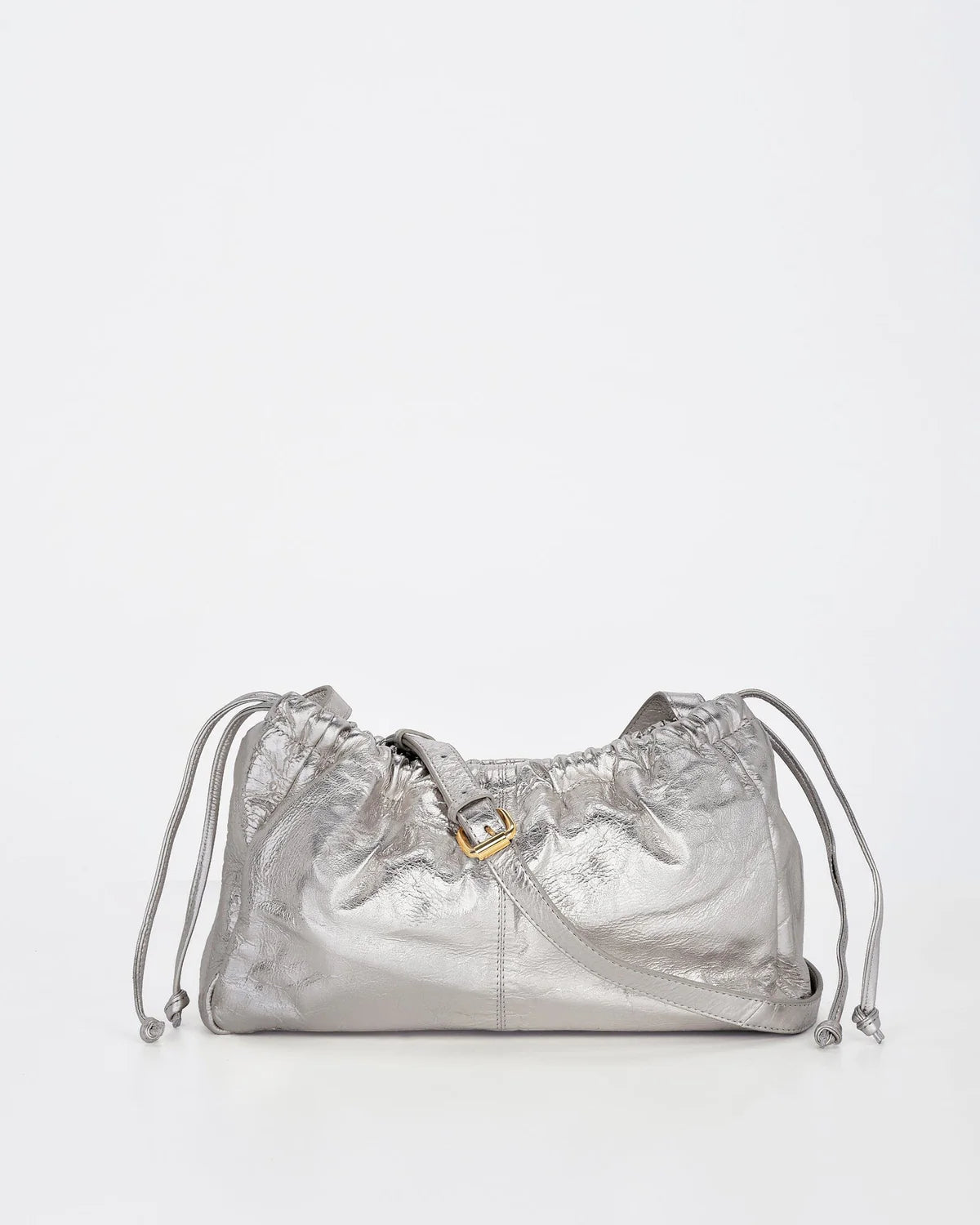 Silver metallic drawstring bag on a white background