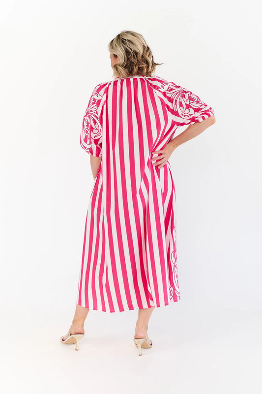 Back view of Ivy Pink Dress pink striped cotton midi dress