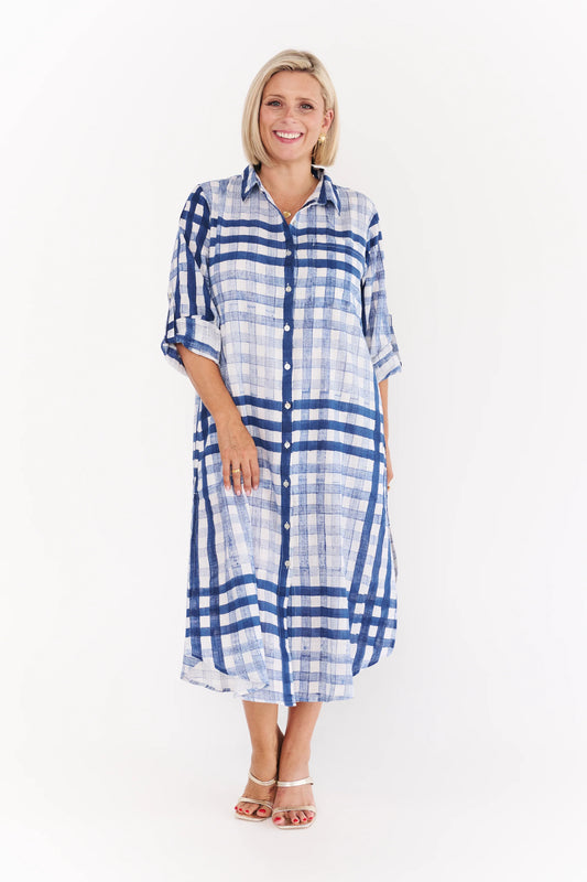 Alexander Santorini Macy Dress blue and white check cotton voile midi dress
