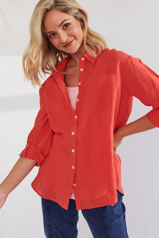 Buy Lulu Linen Shirt Buy Cayman Sunset Scarlet Skirt Sunset Scarlet Cayman Linen Shirt - Lulu Organic Linen Stockist - Basic State Sunset Scarlet
