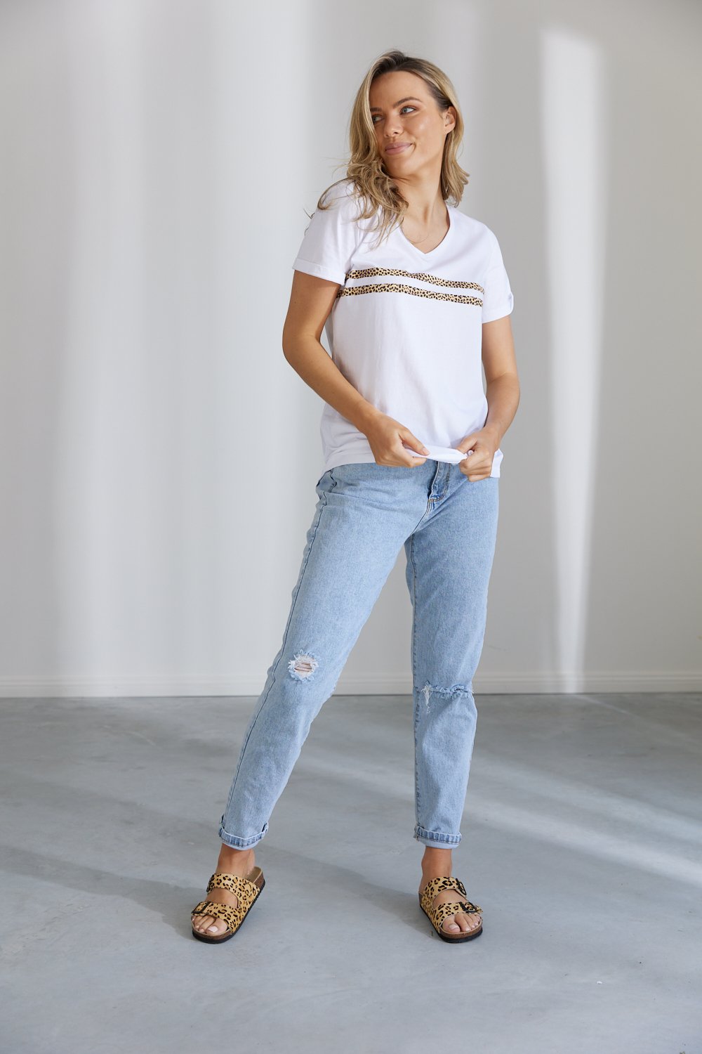 Novah V Neck Tee - White w Leopard Print Stripes