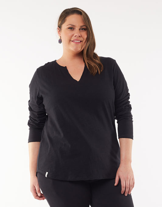 Coles Bay Henley Long Sleeve Tee - Black (Plus Size)