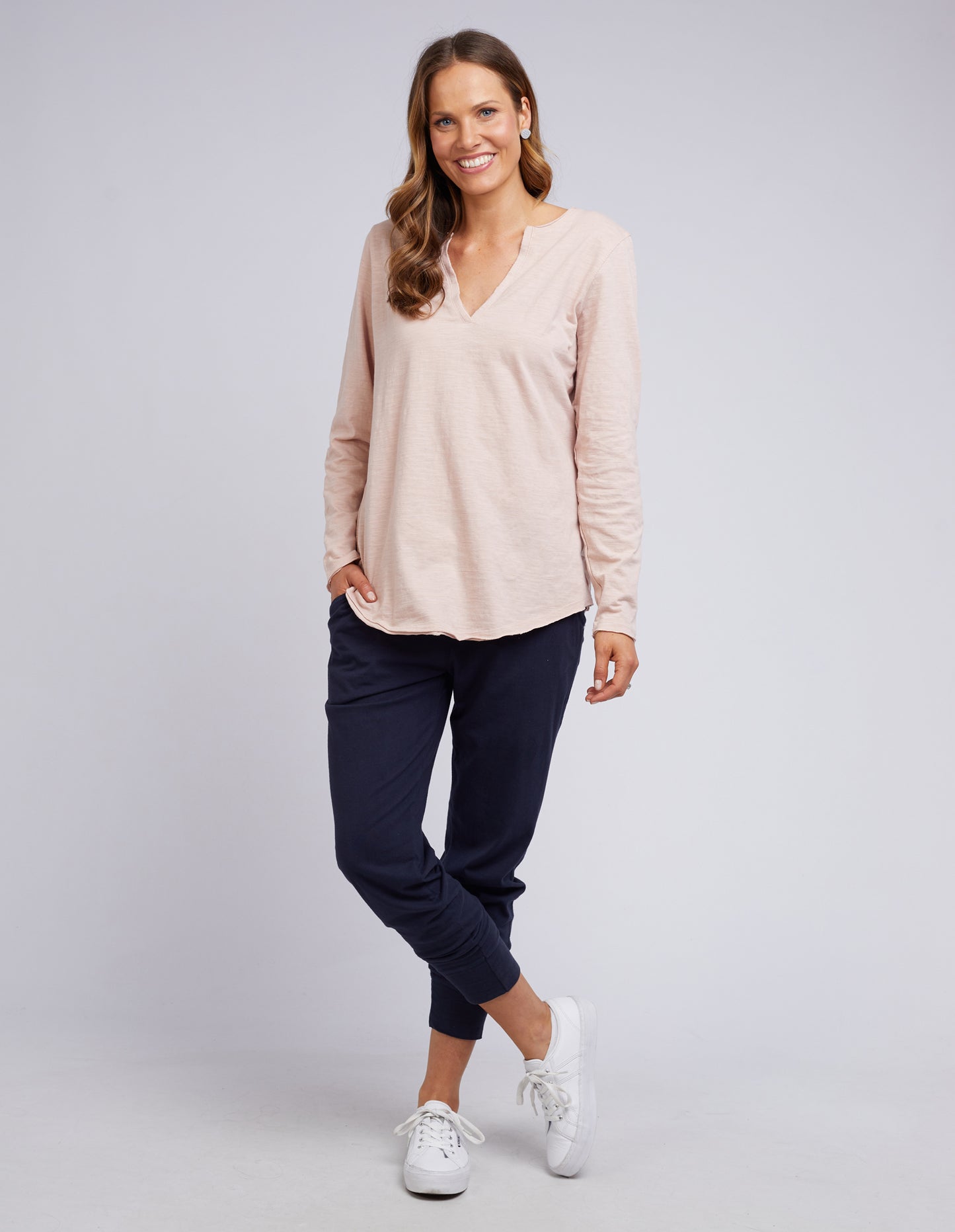 Shop Elm clothing online, Shop Elm Clothing sale, Shop Elm Coles Bay V neck long sleeve top, Elm Clothing online stockists, Long Sleeve Elm v neck top pink