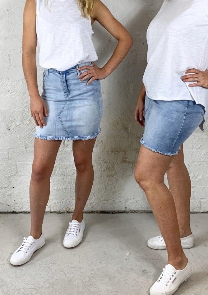 womens Light Blue Denim Skirt, Shop Light Blue Denim Skirt with Freyd Edges