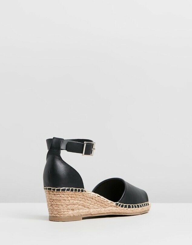Black Leather Helene Wedge Espadrille Heals Human Leather Wedges Human leather shoe stockist Basic State