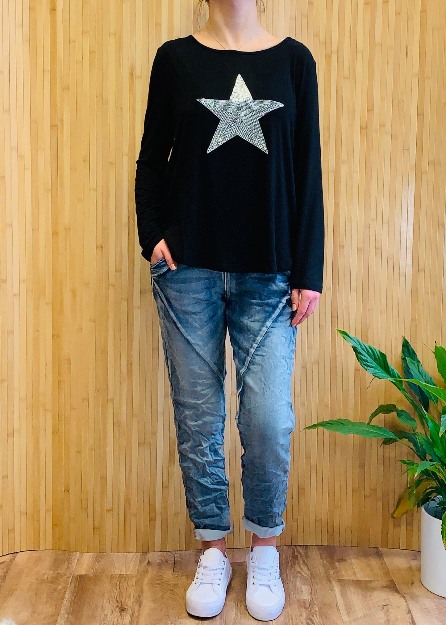 Italian Star Ralph Denim Jeans italian Star Ralph Pants Shona Diamante Star Long Sleeve Tee Diamante Star Top Diamante Star Black Top Basic State Shona Star Top